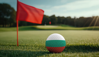 Golf ball with Bulgaria flag on green lawn or field, most popular sport in the world