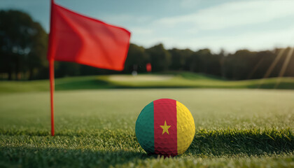 Golf ball with Cameroon flag on green lawn or field, most popular sport in the world
