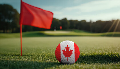 Golf ball with Canada flag on green lawn or field, most popular sport in the world