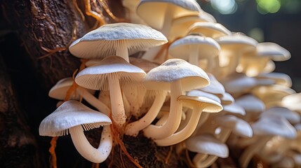 Enchanting Fungi Flourishing on a Tree Trunk, Creating a Fairy-tale Scene in Nature