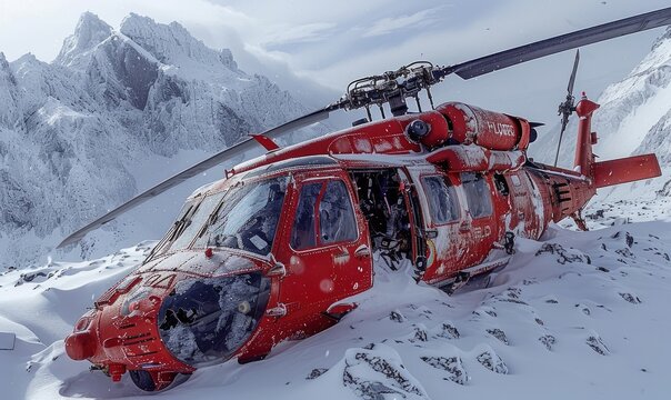 A red helicopter crashed on a mountain covered on snow