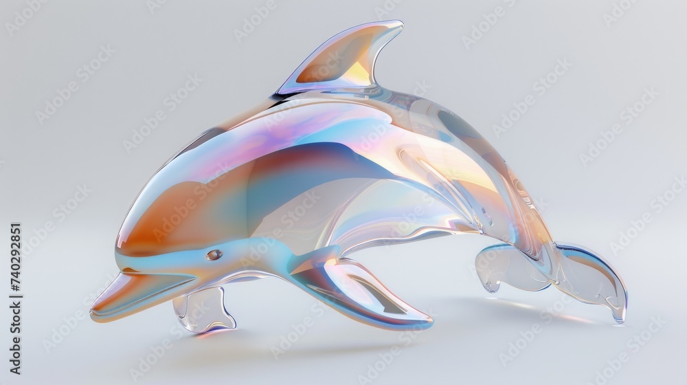 Poster holo abstract 3d form in the shape of a pearlescent transparent dolphin. ai generative.