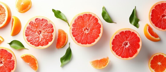 A group of grapefruits, each cut in half, arranged neatly on a white surface.