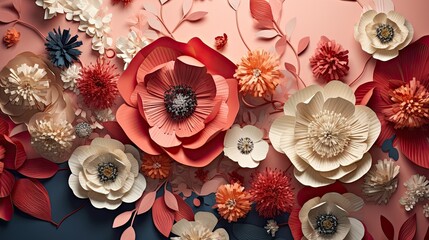 Vibrant Paper Flowers Adorn Pink Background with Abstract Flair