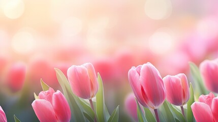 Vibrant Pink Tulip Blossoming Against Soft Spring Background with Copy Space