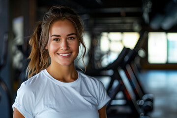 portrait of a smiling woman in a modern gym