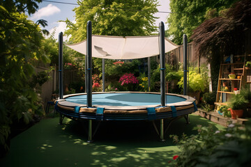 bouncing fun on a trampoline in a garden, trampoline, jumping on a trampoline, trampoline in garden