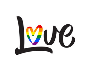 Word Love hand lettered with heart in colors of rainbow LGBTQ pride flag. Brush pen calligraphy style vector