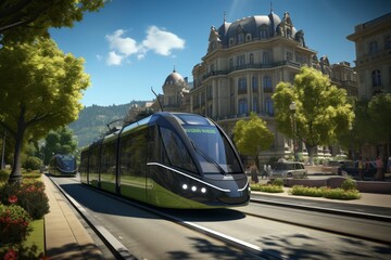 A sleek tram moves through a vibrant cityscape, illustrating sustainable urban transport - obrazy, fototapety, plakaty