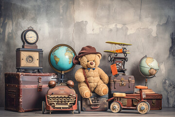 Retro Teddy Bear toy in aviator's hat, wooden plane, aged classic travel valises, globe, children pedal scooter, phonograph, typewriter, clock, TV, radio, old telephone. Vintage style filtered photo  - obrazy, fototapety, plakaty