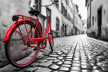 Antique Retro vintage red bike on cobblestone street in the old town. Color in black and white 