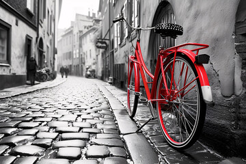 Antique Retro vintage red bike on cobblestone street in the old town. Color in black and white 