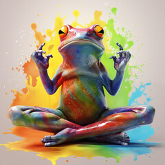 a frog painted in rainbow colors sitting and meditating