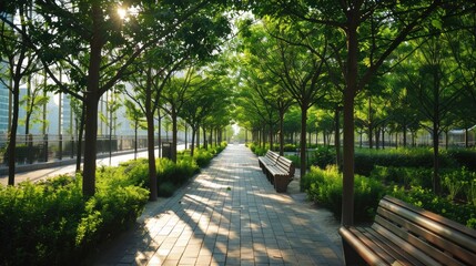 A peaceful tree-lined path in an urban park, bathed in sunlight, offers a serene green oasis amidst city life.