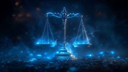 an image of the scales of justice, in the style of futuristic digital art, light silver and dark azure, soft-focus,