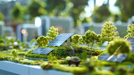 A futuristic model of an eco-friendly urban landscape with renewable energy solutions, including solar panels and lush greenery.