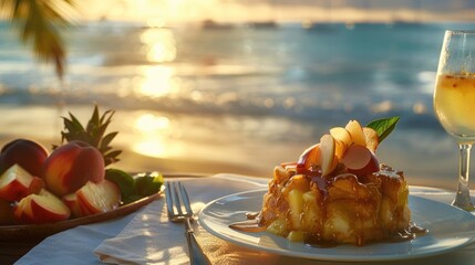 Golden French toast topped with fruit and syrup, accompanied by a tropical fruit platter, against...