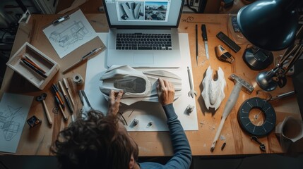 An industrial designer meticulously works on a prototype design in a workshop surrounded by various drafting tools and sketches. AIG41 - obrazy, fototapety, plakaty