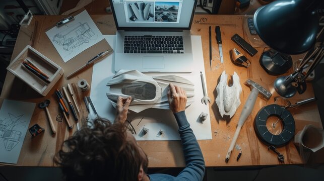An industrial designer meticulously works on a prototype design in a workshop surrounded by various drafting tools and sketches. AIG41
