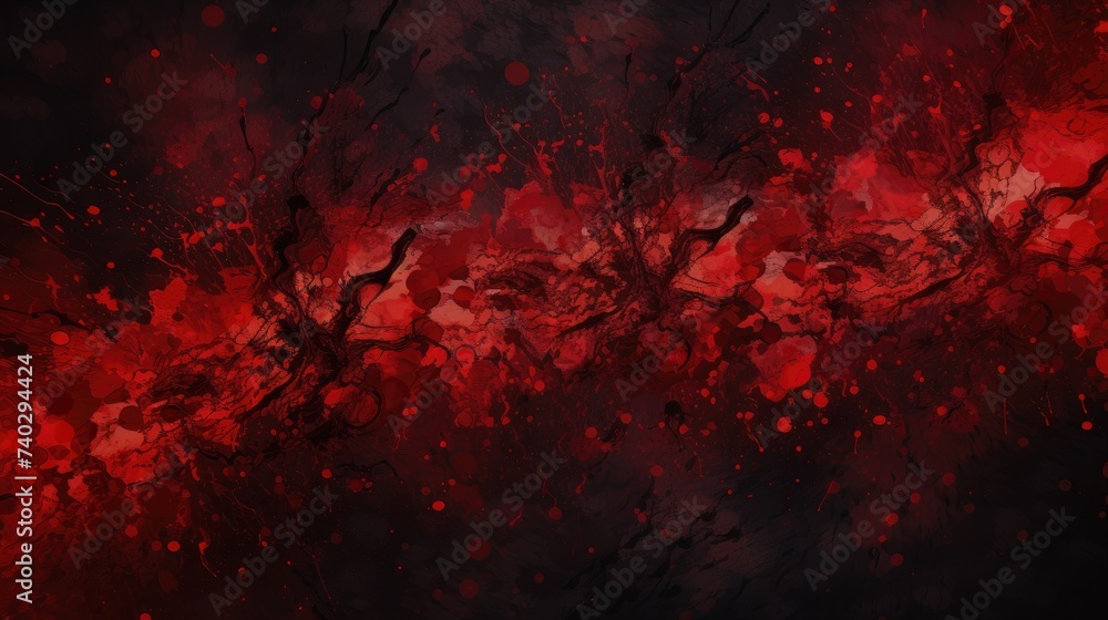 Poster intense red blood splatter and flow pattern on dark background, abstract grunge design element