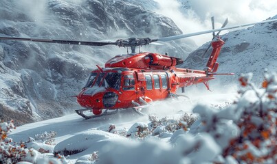 A red helicopter crashed on a mountain covered on snow