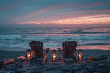 romantic setup at the beach at dusk