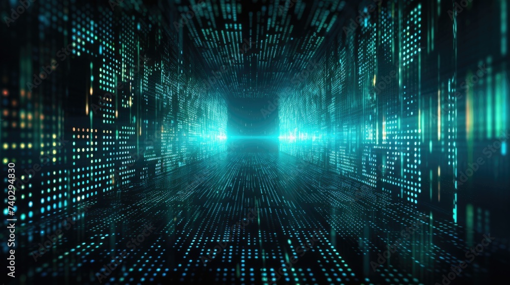 Poster enigmatic cyber tunnel illuminated by glowing lights in a digital matrix space