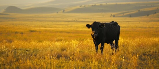 A black cow peacefully stands in an expansive grazing area, surrounded by tall grass. - obrazy, fototapety, plakaty