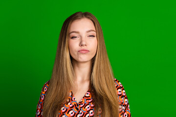 Photo of suspicious minded girl with straight hairdo dressed print shirt thoughtfully look at you...