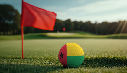 Golf ball with Guinea-Bissau flag on green lawn or field, most popular sport in the world