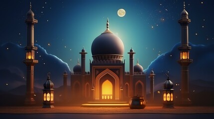 Fototapeta na wymiar 3D illustration of Ramadan Kareem's background with mosque and lanterns