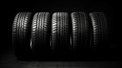 Array of Various Automobile Tires Displayed Against Dark Background for Automotive Concepts