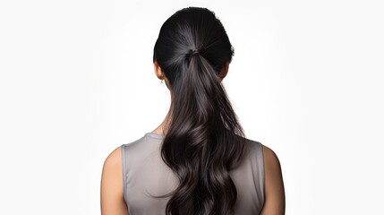 Fototapeta premium Sleek Lady with a Flowing Black Ponytail Standing Out on a White Background