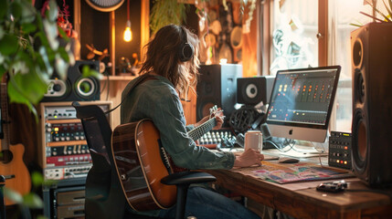 Obraz premium Young woman recording podcast in home studio