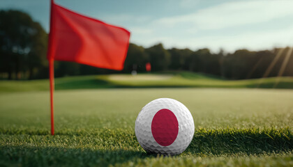 Golf ball with Japan flag on green lawn or field, most popular sport in the world