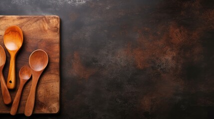 Rustic Kitchen Setting - Wooden Cutting Board and Spoons on Dark Table, Copy Space for Design