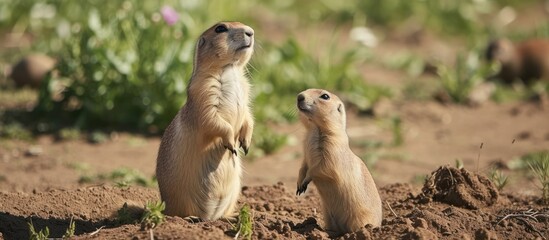 Naklejka na ściany i meble An adorable young prairie dog and its curious child explore their prairie home, standing on top of a dirt field.