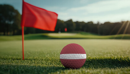 Golf ball with Latvia flag on green lawn or field, most popular sport in the world