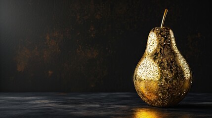 Golden pear made of gold on a dark background, ideal for minimalist design or premium product illustration, emphasizing value and elegance. Jewelry fruit. Banner with copy space - obrazy, fototapety, plakaty
