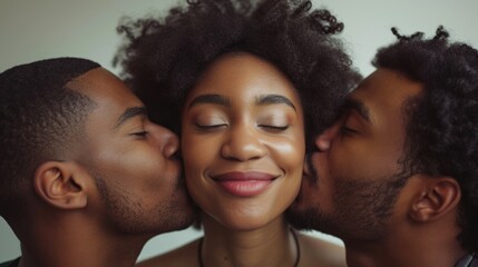 African American woman with eyes closed, being kissed by two African American men. Concept of affection, love triangle, intimate moments, multicultural love, and relationships. - obrazy, fototapety, plakaty