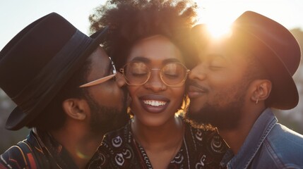 African American woman with eyes closed, being kissed by two African American men. Concept of affection, love triangle, intimate moments, multicultural love, relationships. - obrazy, fototapety, plakaty