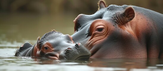 A couple of hippos swim gracefully in a body of water, showcasing their natural swimming abilities.
