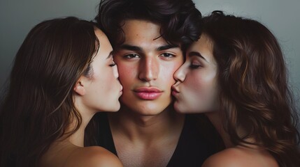 Two brunette women kissing brunette man on cheeks. Concept of love, affection, romantic relationships, love triangle, intimate moments, emotional intimacy.