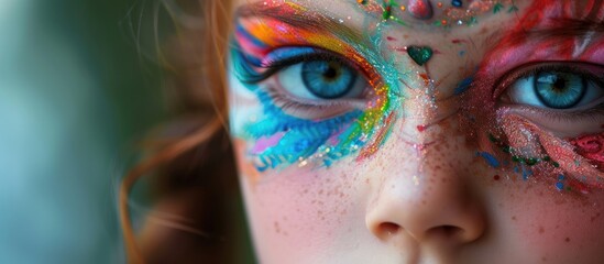 A close up shot of a creatively adorned girls face with colorful makeup.