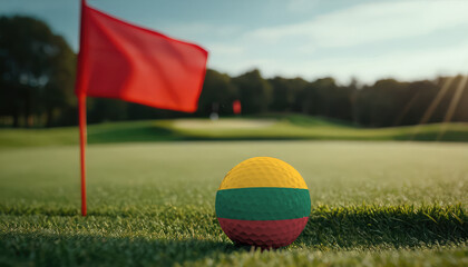 Golf ball with Lithuania flag on green lawn or field, most popular sport in the world
