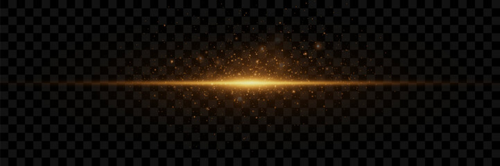 A flash with sparks of fairy dust and golden stars shines. Flicker of light and glare. On a transparent background.