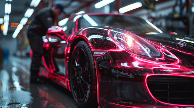 Car wrapping specialist putting vinyl foil or film on car. 