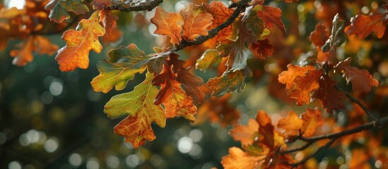 Fototapeta premium A Daimio Oak tree in a rural Devon woodland garden adorned with abundant autumn leaves.