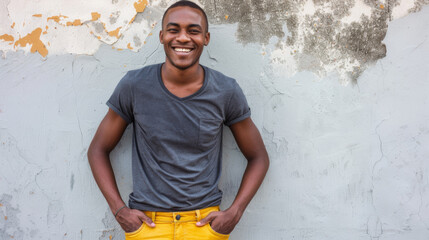 A joyous man in a gray t-shirt and yellow pants is standing against a white wall, laughing with his eyes closed in an expression of pure happiness. - obrazy, fototapety, plakaty