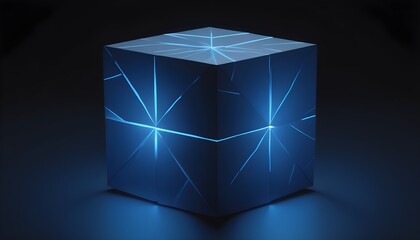 Abstract holographic striped blue cube on dark background 